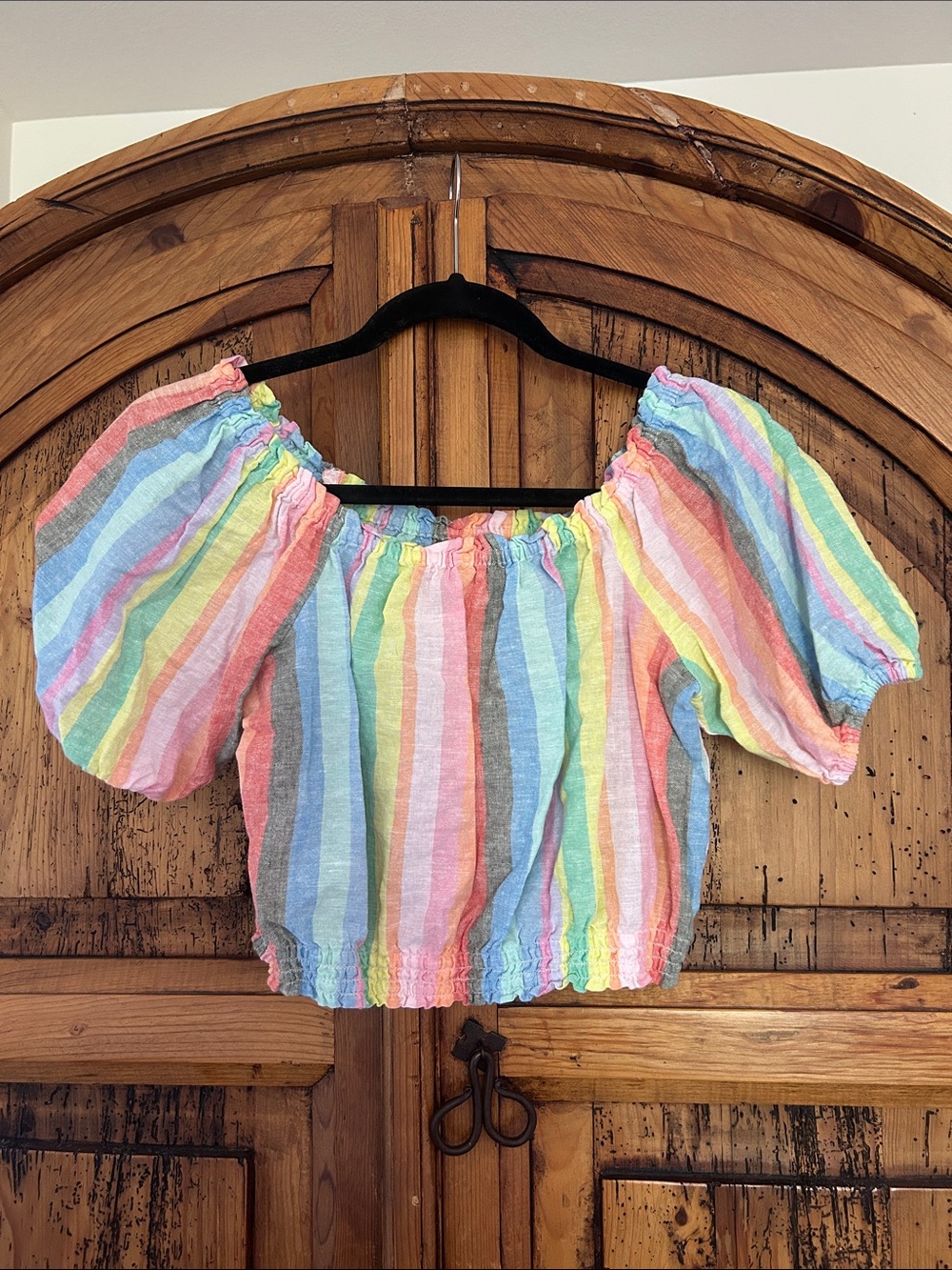 Gap Linen Cotton Rainbow Puff Sleeve Crop Top Pride Off shoulder
